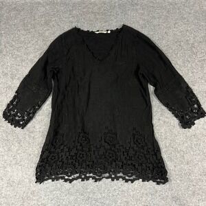 Soft Surrounding Black Embroidered Tunic Crochet Lace Trim‎ Long Sleeve Boho XL